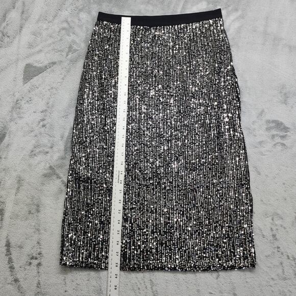 Rafaella Skirt Womens M Black Silver Sequin Midi Pull On Stretch Side Slit Party - Picture 8 of 9